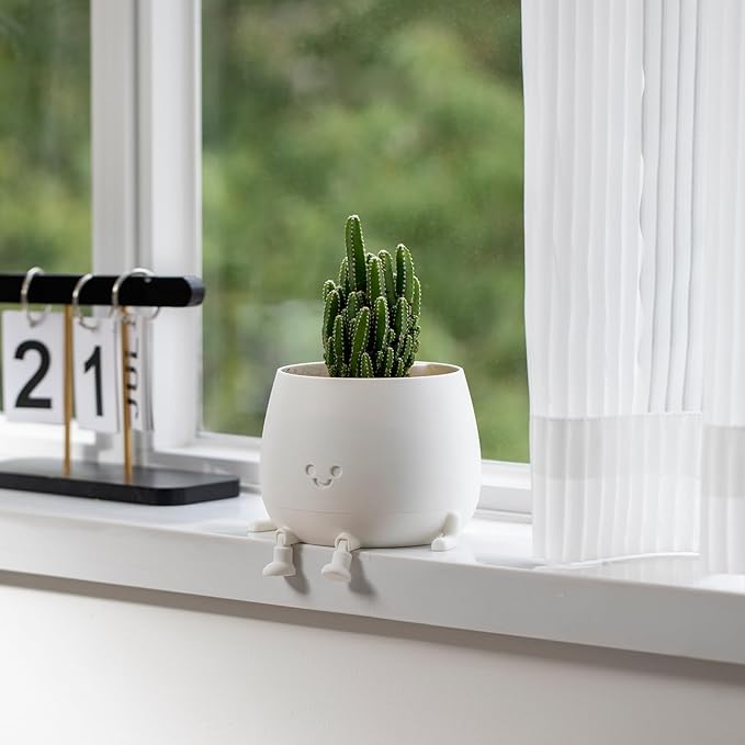 TOPOLA Happy Face Planter, 5.2 Inches Plastic Plant Pot, Self Watering Plant Pot with Drainage Holes for Indoor Outdoor, Succulent Pot, Funny Flower Pot, White