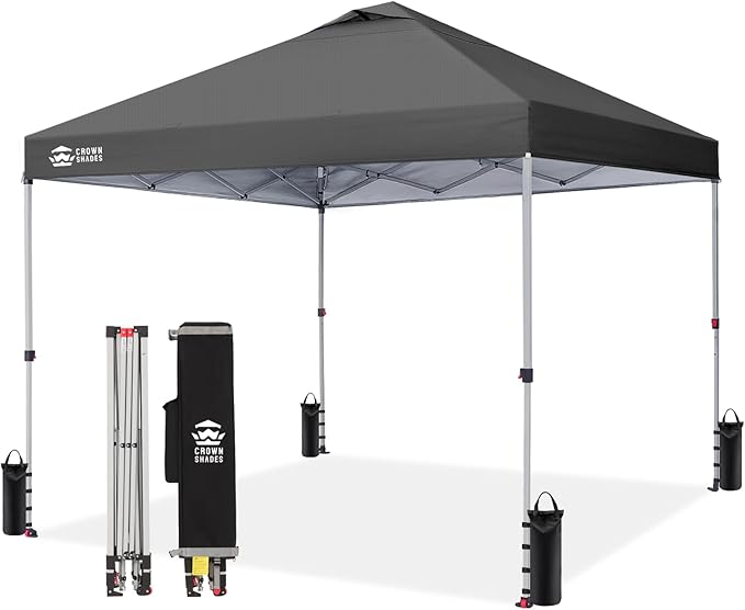 CROWN SHADES 12x12 Pop Up Canopy - Beach Tent with One Push Setup - Easy Outdoor Sun Shade Shelter for Events, Parties - Gazebo with STO-N-Go Cover Bag, Silver Coated Top, Grid Grey