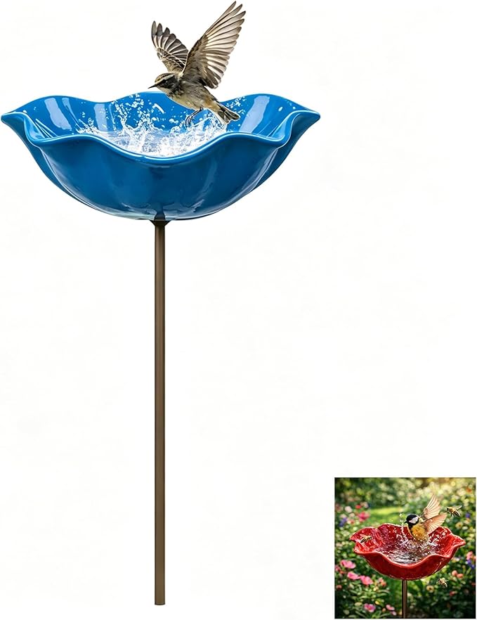 Handmade Metal Flower Garden Stake Bird Bath, Hummingbird Feeder, Bee & Butterfly Puddler, Mini Pollinator Watering Station for Garden Patio Lawn Yard Decor, Blue, 1PCS