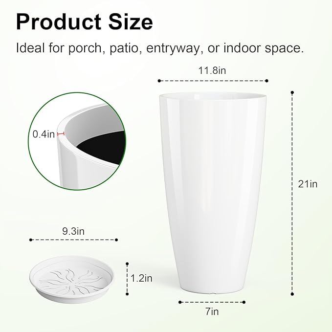 QCQHDU 21 inch Tall Planters for Outdoor & Indoor Plants, Set of 2 Large Outdoor Planters with Drainage Hole for Front Porch, Patio, Garden, White