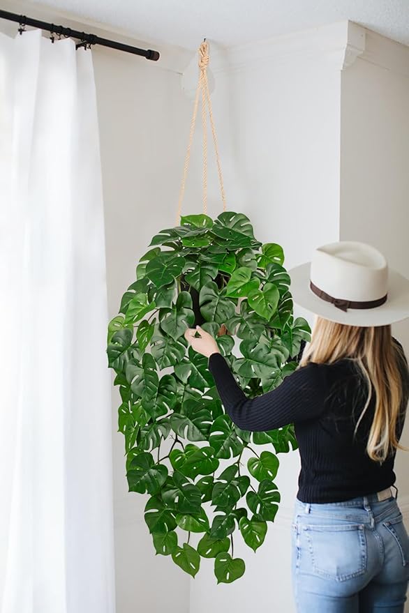 Large Fake Hanging Plants in Pot with Hook, 37" Artificial Hanging Monstera Leaves Vines Plants, Fake Potted Greenery Plant for Room Wall Living Room Bathroom Kitchen, Faux Ivy Houseplants for Shelf