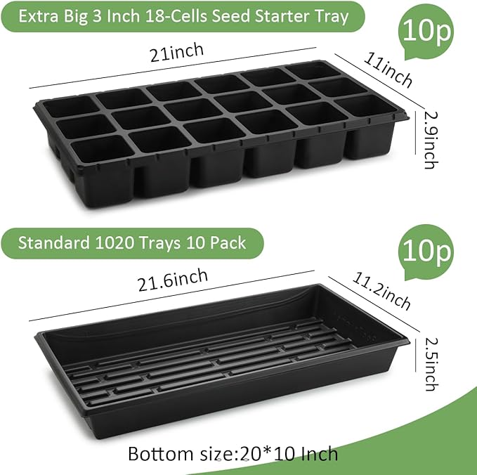 RooTrimmer 3 Inch Square Pots 2.9" Deep 18 Cell Seedling Trays with Water Collection Nursery 1020 Trays No Holes for Seeds Starting and Transplanting (20"x10",10 Sets)