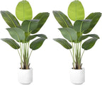 Artificial Bird of Paradise Plant 4Ft Tall Fake Tropical Palm Tree Large Fake Plants with 9 Silk Banana Leaves Faux Plant Indoor Decor Trees with White Pot for Home Bedroom Living Room Office（2pcs）