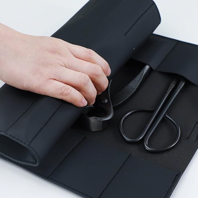 Wazakura Made in Japan Bonsai Tool Case with 16 pockets in Polyurethane Leather, Japanese Garden Tool Kit Roll Storage Bag - 16 Pockets Black PU Leather