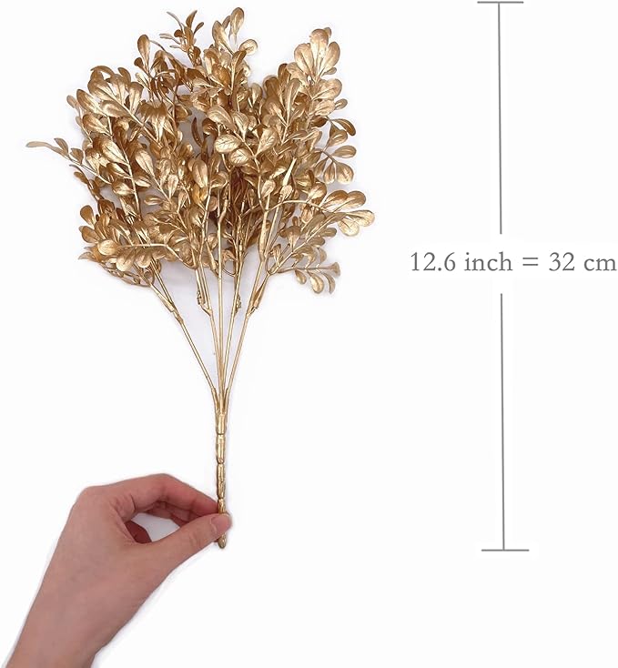 PASYOU Fake Plants Christmas Decorations, Golden Artificial Flowers Leaves Faux Foliage Home Garden Plastic Grass Shrubs Indoor Outdoor Party Hotel Verandah Wedding Event Bouquet Decor - Gold 2 Pack