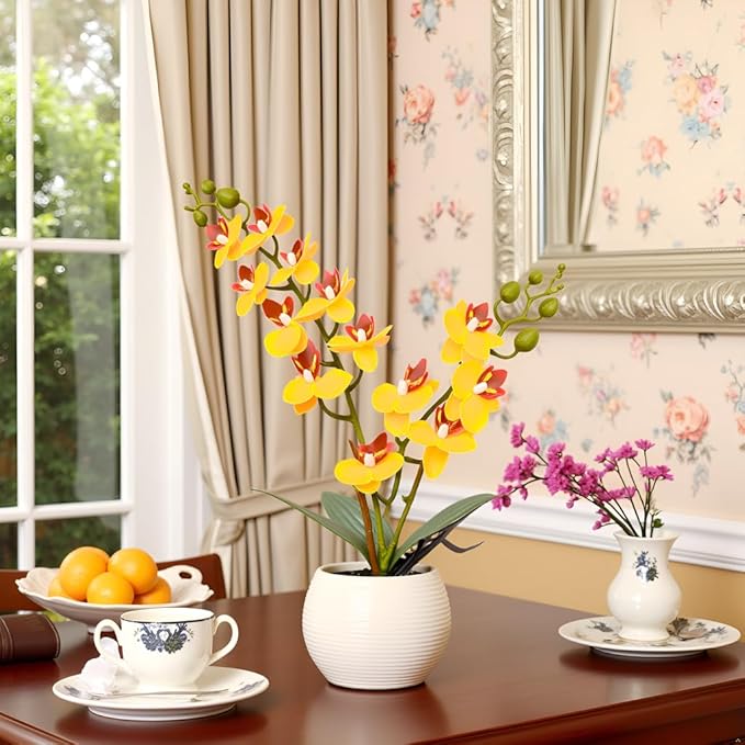 Artificial Orchid Yellow Flower Potted in White Pot, Real Touch Faux Phalaenopsis Orchid for Wedding Home Office Party Decor
