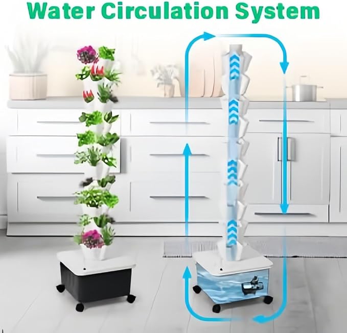 Vertical Hydroponics Growing System,Aeroponic Grow Tower for Herbs, Fruits and Vegetables 14 Layer 70 Plants Sites with Movable Water Tank Hydrating Pump, Timer, Adapter