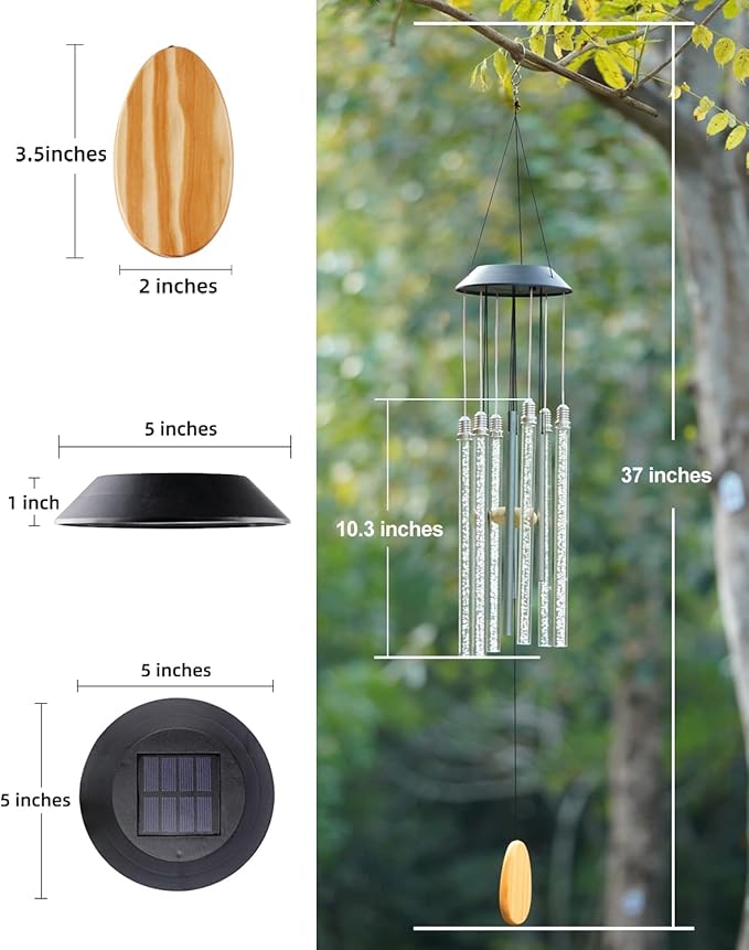 Solar Wind Chimes for Outside, DesGully 6 LED Tubes Color Changing Outdoor Clearance Unique Garden Decor Colorful Patio, Gifts for Her/Him (37" Long)