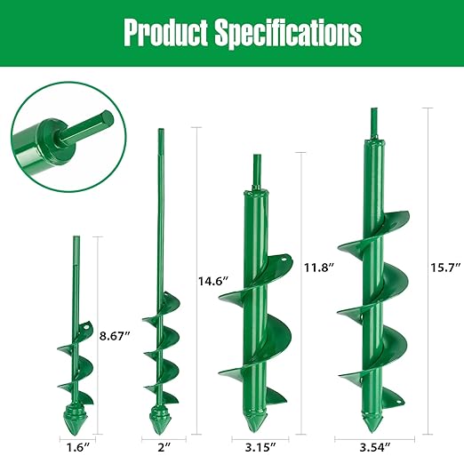 Auger Drill Bit for Planting 4 Pack, Garden Ground Earth Spiral Drill Bit for 3/8" Hex Drive Drill, Easy Bulb Auger for Post Hole Digger Flowers, Bedding Digging Plant Rapid Planter Tool