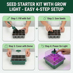 Seed Starter Kit with Grow Light, Elevated Seedling Tray Kit with Adjustable Humidity Dome and Clear Cell Tray, 12 Full Spectrum Led Beads for Seed Starting Greenhouse, 6 Pack, Green