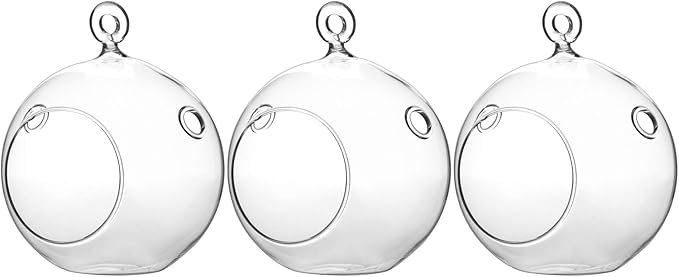 WGV Hanging Terrarium Globe, Width 4", Height 4.75", DIY Air Succulent Planter, Clear Glass Vase Orb with Flat Bottom, Candle Holder for Windowsill Outdoor Garden Decor, 3 Pieces Bulk