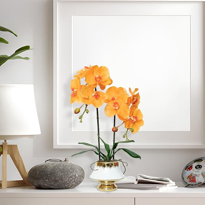 CXGS Orchids Artificial Flowers Realistic Fake Flowers in Ceramic Vase 20" Orange Faux Plants Indoor Lifelike Soft PU Phalaenopsis for Centerpiece Hotel Home Decor
