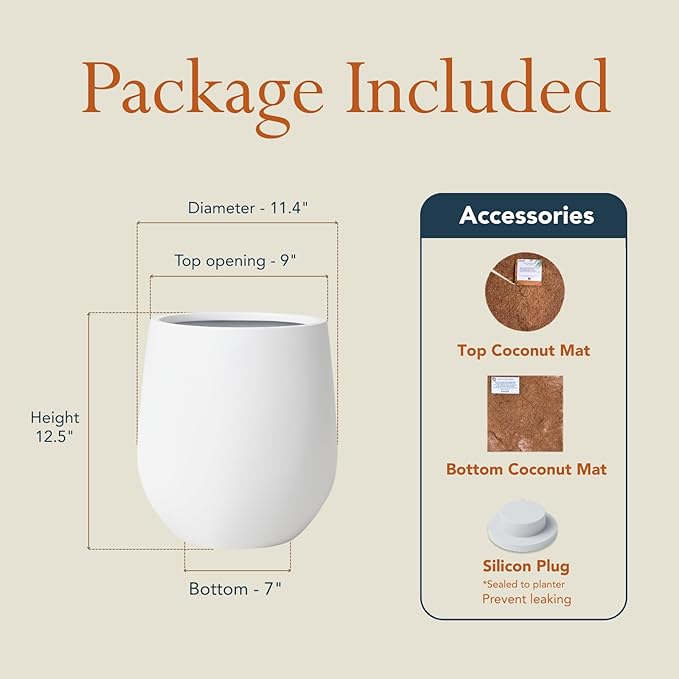 12.5" H x 11.4" D Premium Corso Fiberstone Round Tapered Planter with Drainage Hole, Weather Resistant for Indoor and Outdoor Use, Included 2 Extra Coco Mats (White, 9" Pot Opening)