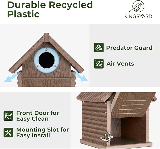 Kingsyard Recycled Plastic Bird House for Outdoors - Weatherproof Nesting Box with Clear View Panel & Predator Guard for Bluebird Wren Swallow Finch, Brown
