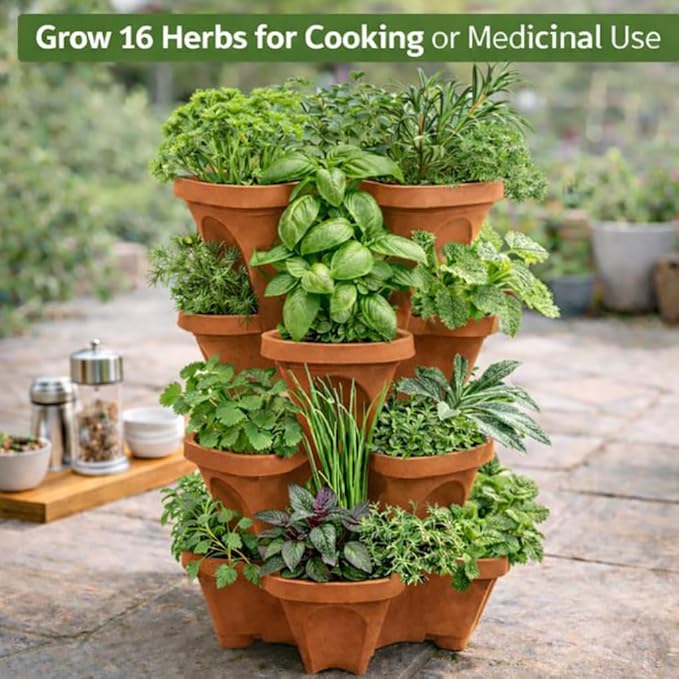 Vertical Garden Planter 4 Tier Stackable System 16 Plants, Space Saving Herb, Strawberry & Food Crop Planter with Center Support Hole for Indoor Outdoor Gardening (4, Terracotta, Large)