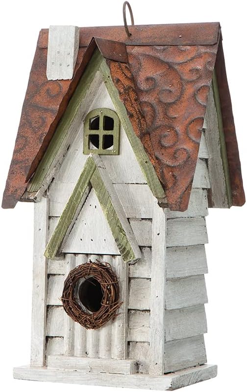 Glitzhome Bird Houses for Outside, 12" H Washed White Distressed Solid Wood Cottage Bird Nesting Box Hanging Bird House for Outdoors, Decorative Birdhouse for Bluebird Wren Sparrow Finch Cardinal