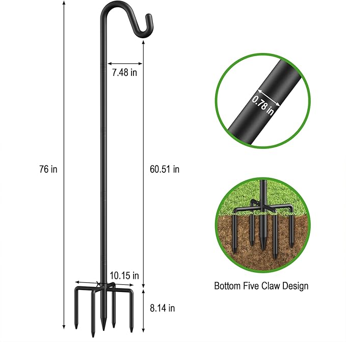 76" Shepherds Hooks for Outdoor, Adjustable Bird Feeder Pole with 5 Prong Base, Heavy Duty Bird Feeder Pole for Hanging Bird Feeders, Plant, Wind Chimes, and Garden Decorations