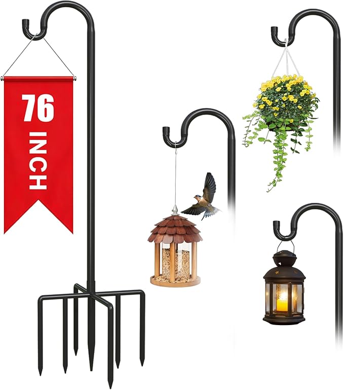 1Pack 76 Inch Adjustable Shepherds Hooks for Outdoor, Heavy Duty Shepherds Hook for Bird Feeder with 7 Prongs Base, Metal Plant Hanger Pole for Hanging Baskets, Lanterns, Hummingbird Feeders