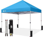 CROWN SHADES 8x8 Pop Up Canopy, Patented Center Lock One Push Instant Popup Outdoor Canopy Tent, Newly Designed Storage Bag, 8 Stakes, 4 Ropes, Silver-Coated Sky Blue
