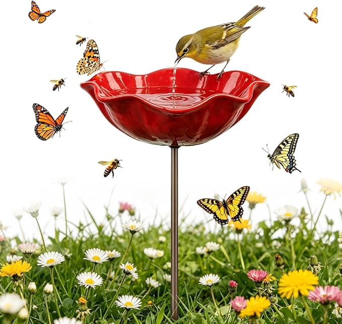 Handmade Metal Flower Garden Stake, 2026 New Handmade Flower Garden Stakes Bird Bath, Hold Water Suitable for Gardens, Patios, Lawns, Backyard Decor and Outdoor Landscaping Use (A)