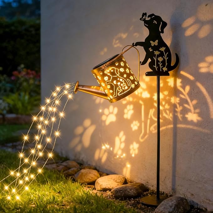 Solar Watering_Can Lights for Outside, 2Pack Watering_Can with Cascading Lights Shepherd's Hook, Metal Dog Statue Silhouette, Gardening Gifts for Women, Yard Decoration Outdoor and Garden Backyard