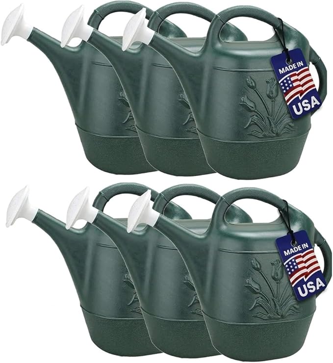 PMU 2 Gallon Watering Can - Garden Watering Can for Indoor & Outdoor Plants - Plastic Water Can with Detachable Sprinkler Head - Large Water Pot, Made in USA - Hunter Green Pkg/6