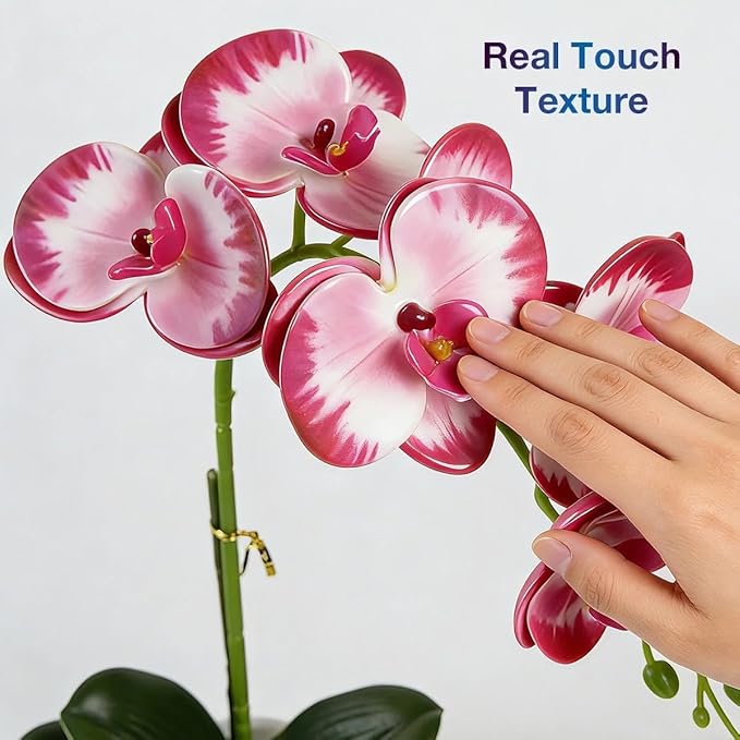 Artificial Orchid Flowers in Pot, 12" Real Touch Phalaenopsis Faux Orchid Plant with Fake Moss, Small Artificial Flowers Arrangement for Home Decor Indoor, Bathroom, Office Table C (Rose Red)