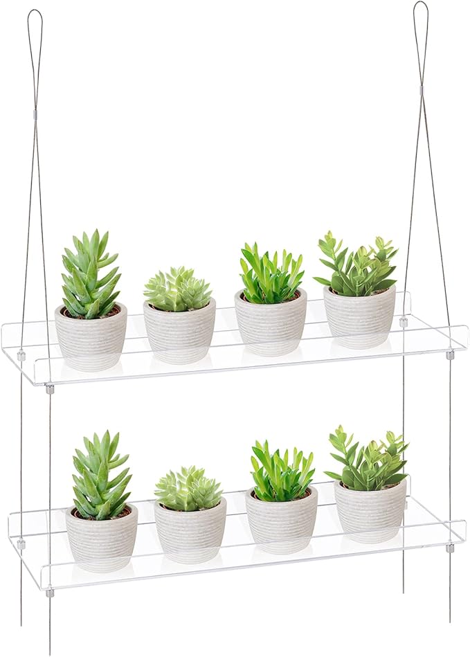 Sumerflos 2-Tier Acrylic Window Boxes Plant Shelves for Window of Kitchen, Bedroom, Living Room, 16 Inch Wall Flower Double Hanger Boxes Adjustable Hanging Shelves for Indoor Plants, Succulents