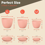 Planter Pots with Drainage Holes - Lightweight, Durable, and Space-Saving Pots for Indoor and Outdoor - Versatile Functionality, Simple Modern Design, Set of 3 Plastic Planter Pots - Pink