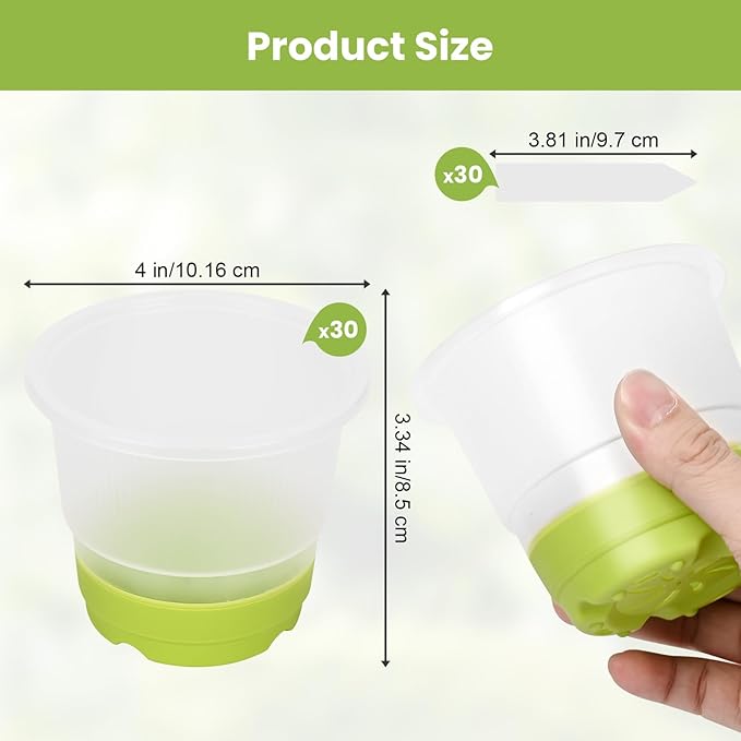 Sckee Clear Nursery Pots for Plants, 30 Packs Plastic Seed Starting Pots with Drainage Holes Plant Nursery Pots Silicone Base (Light Green, 4 inch)