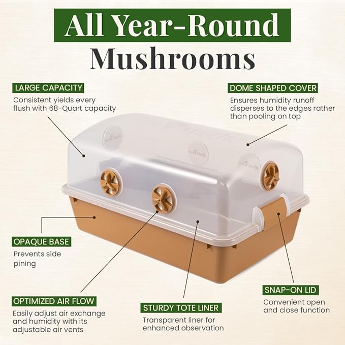 Premium Mushroom Monotub [XLarge, 68Q Grow Kit] Portable and Compact Fruiting Chamber with Filter Discs, Liner and Adjustable Air Vents, 22.8 x 15.7” x 12”, Brown
