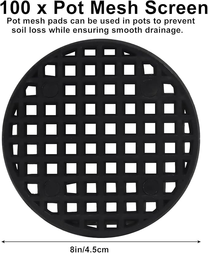 100 Pcs 1.8" Plant Pot Mesh Round Hole Cover, 45mm Black Plant Pot Drainage Mesh Discs Bottom Liners for Bonsai/Flower Pots, Soil Retention Grid Mats
