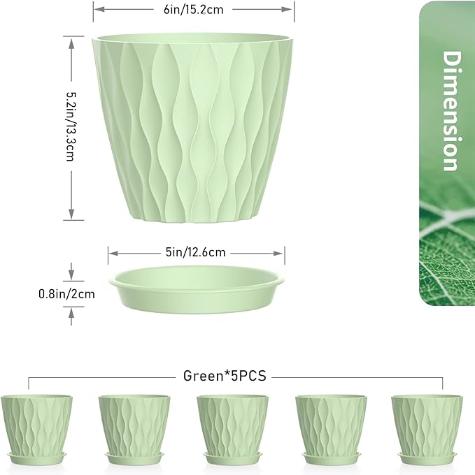 Meowell 6 inch Plant Pots, 5 Set Water Ripples Flower Pots for Indoor Outdoor Plants, Plastic Planters with Drainage Holes and Saucers, Nursery Pots for Small Succulent Garden House Plants, Green