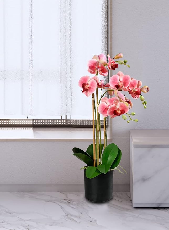 Serene Spaces Living 3 Pink Realistic Phalaenopsis Orchids in Black Plastic Pot, Artificial Potted Flowers - Beautiful Entryway Vase, Foyer Table Décor, Great Gift, Measures 5" Diameter & 26" Tall