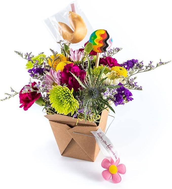 Pride Fresh Cut Live Flowers Arranged in a Takeout Container with Your Personal Message Tucked Inside a Fortune Cookie