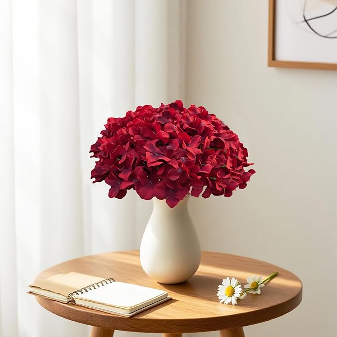 65Pcs Deep Red Hydrangea Artificial Flowers Bulk，Realistic Silk Fake Flowers with Stems，Faux Hydrangea Flowers for Wedding Home Decor Centerpieces Living Room Garden Party Baby Shower Decor