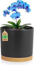 WSMKSZ 8 Inch Cylinder Plant Pots for Indoor Outdoor Plants, Medium Deep Flower Pots with Drainage Holes & Saucer, Decorative Plastic Planter Pots for Garden House Plants, Black with Brown