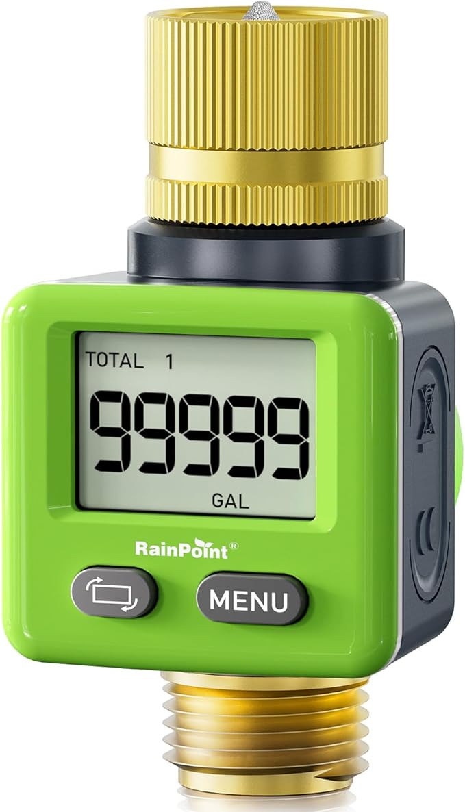 RAINPOINT Water Flow Meter, ±5% Accuracy, Pure Brass Inlet & Outlet Water Meter, 180° Screen-Flip, 4 Measure Modes for Outdoor Garden Hose, Lawn Sprinkler Watering, RV Water Tank Filling, Green