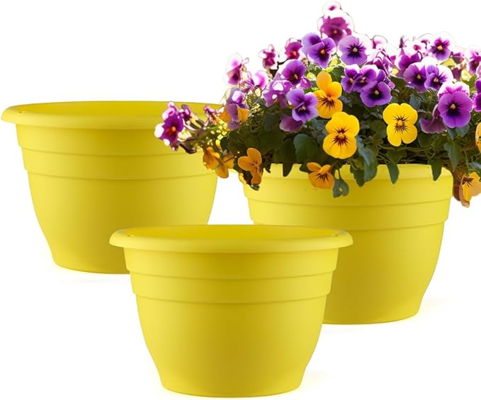 3 Pack 11 Inch Plant Pots for Indoor Outdoor,Plastic Floor Planters with Drainage Holes,Lightweight Flower Pots for Home,Patio & Garden(Yellow)