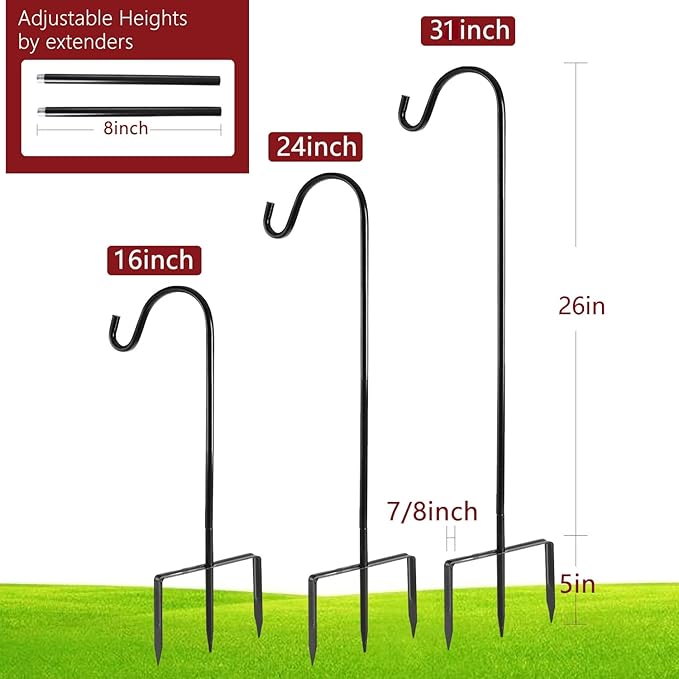 EXCMARK 2 Pack Shepherd Hook Adjustable Height 31/24/16’’ 1/2 inch Thick Use at Weddings, Hanging Solar Lights, Lanterns, Bird Feeders, Metal Hanger Hook (Black, 31 inch). U.S. Patent.