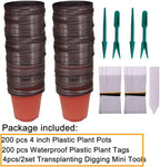 200 Pcs 4 Inch Plastic Seedlings Plants Nursery Pots with 200 Pcs Waterproof Plastic Plant Tags and 2 Set Transplanting Digging Mini Tools for Outdoor use(Red Brown)