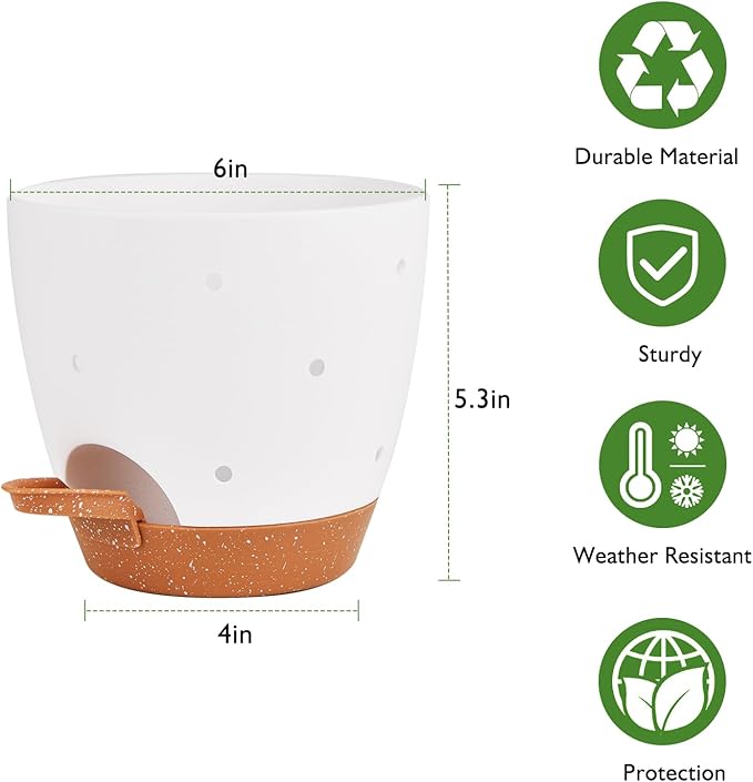 Vanslogreen 6 Inch Orchid Pots with Holes, 2 Pack Self Watering Planters for Orchids Plastic Orchid Pot Plant Flower Pots for Orchids Indoor Outdoor (White with Brown)