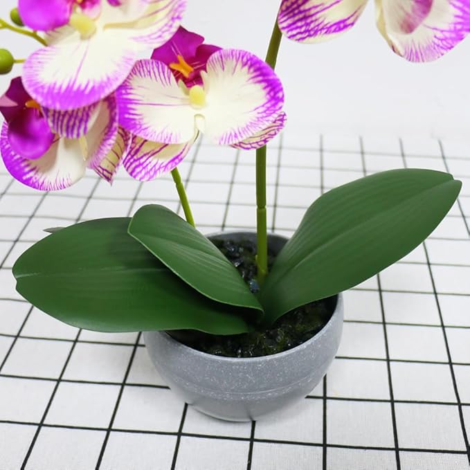 Purple Orchid Artificial Flowers 2 Stems in Grey Pot, Potted Faux Orchid Flower for Home Bathroom Table Living Room Office Kitchen Decor