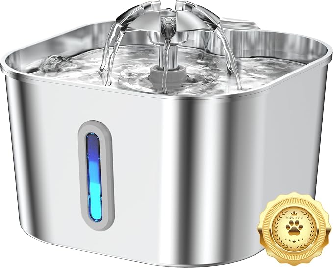 Cat Water Fountain Stainless Steel, 2.2L/74oz Cat Fountain with Quiet Pump, Automatic Pet Water Dispenser, Ideal for Multi-pet Homes, Fresh & Clean Water for Cats and Dogs