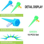 10 Pack Self Watering Spikes for Plant,Indoor & Outdoor Automatic Plants Waterer,Plug-in Device with Adjustable Valve Switch, self Watering Planter Insert (10 Green Ones)