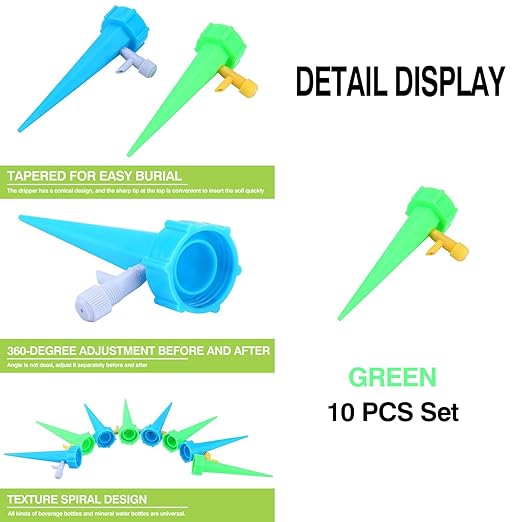 10 Pack Self Watering Spikes for Plant,Indoor & Outdoor Automatic Plants Waterer,Plug-in Device with Adjustable Valve Switch, self Watering Planter Insert (10 Green Ones)