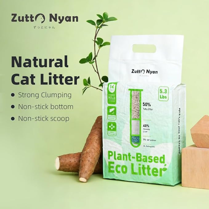 Zutto Nyan 4 in 1 Cassava Cat Litter - Advanced Fast Clumping, Flushable, Low Tracking, 99% Dust Free. Natural Plant Based,Pet Friendly, Great for All Cats, Sensitive Paws, Kittens(5.3 lbs x4 Bag)