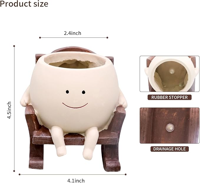 Smile Face Rocking Chair Planter Pot for Indoor Outdoor Plants, Unique Sit Rocking Chair Succulent Flower Pots, Cute Head Planters with Drainage Hole - Gift IdeaI for Mother and Grandma