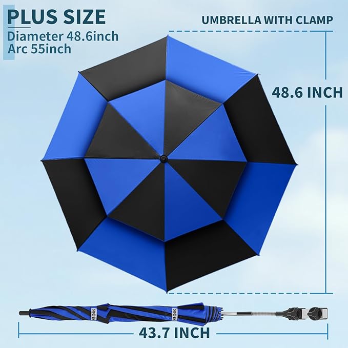 48.6" Double Canopy Beach Umbrella with Clamp, UPF50+ Beach Chair Umbrella with clip, 360°Adjustable Portable Outdoor Wheelchair, Patio, Golf Carts,Camping(Blue/Black)