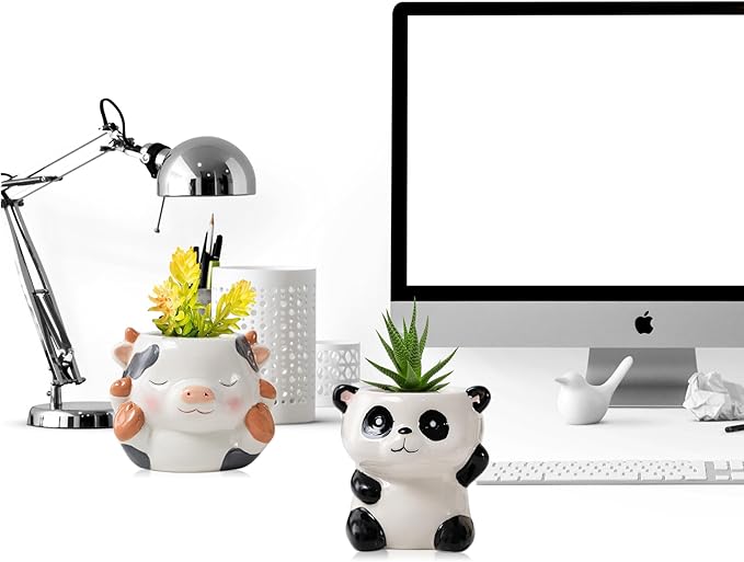 DIYOMR Cute Animals Planter, Mini Ceramic Cartoon Animal Shaped Succulent Flower Pot Indoor Air Plants Holder, Smooth Shiny Decorative Flower Cactus Planter - Plants Not Included (Milk Cow)